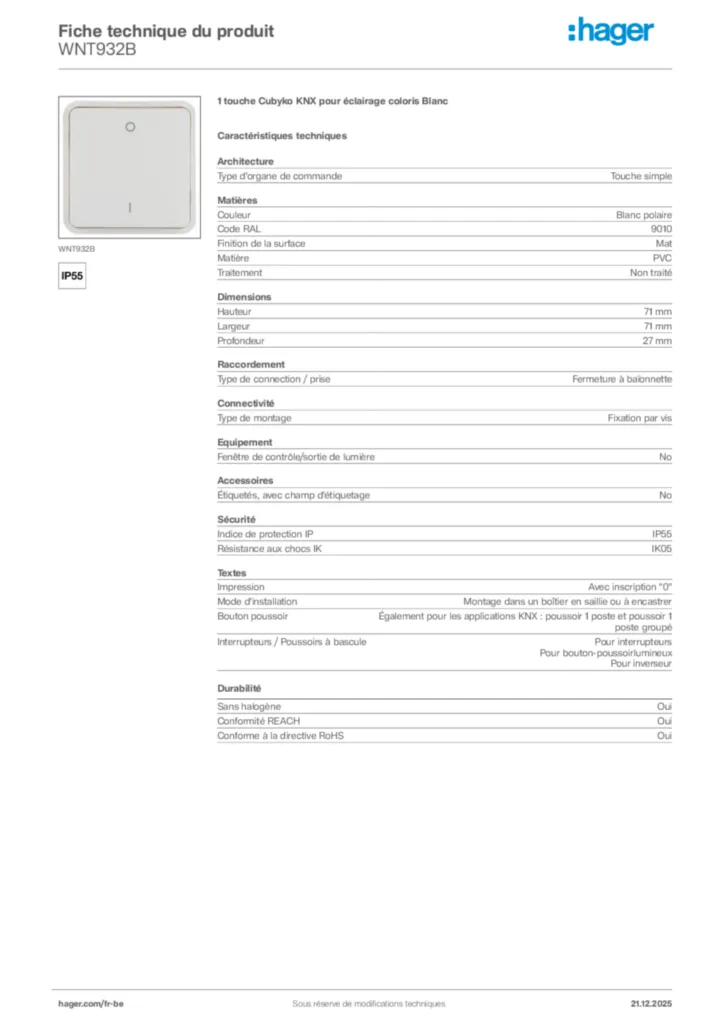 Image Hager Fiche technique du produit WNT932B | Hager Belgique