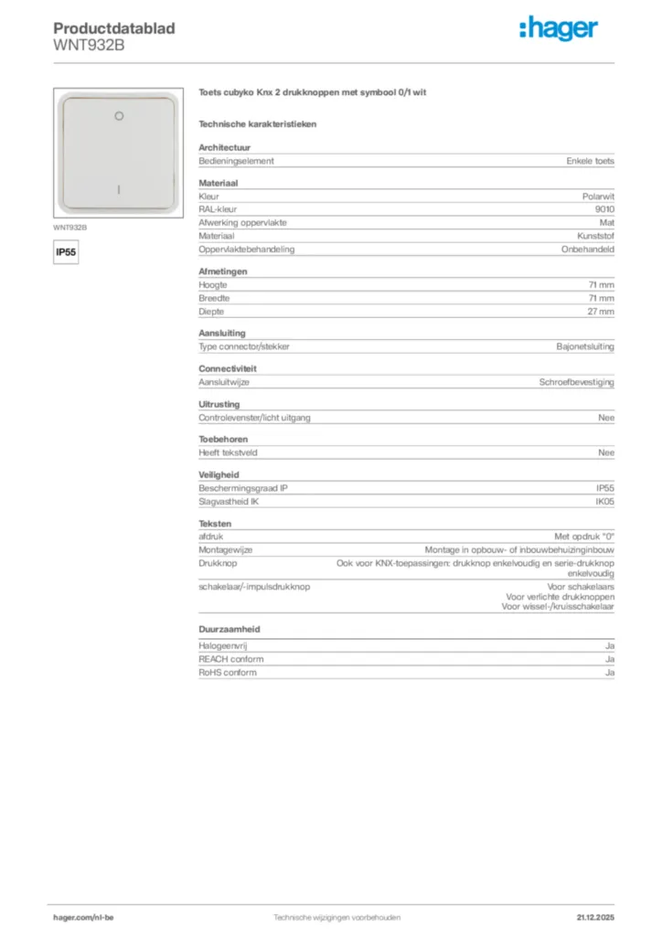 Afbeelding Hager Productdatablad WNT932B | Hager Belgium