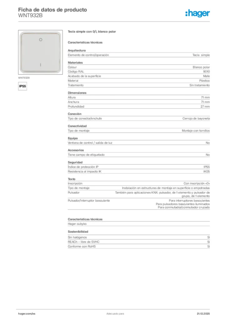 Imagen Hager Ficha de datos de producto WNT932B | Hager España