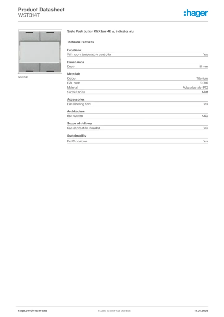 Image Hager Product data sheet WST314T  | Hager