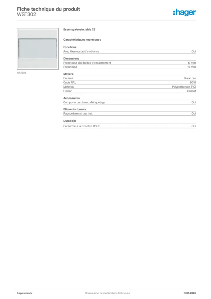 Image Hager Fiche technique du produit WST302 | Hager France