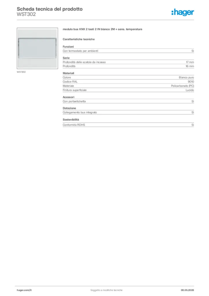 Immagine Hager Scheda tecnica del prodotto WST302 | Hager Italia