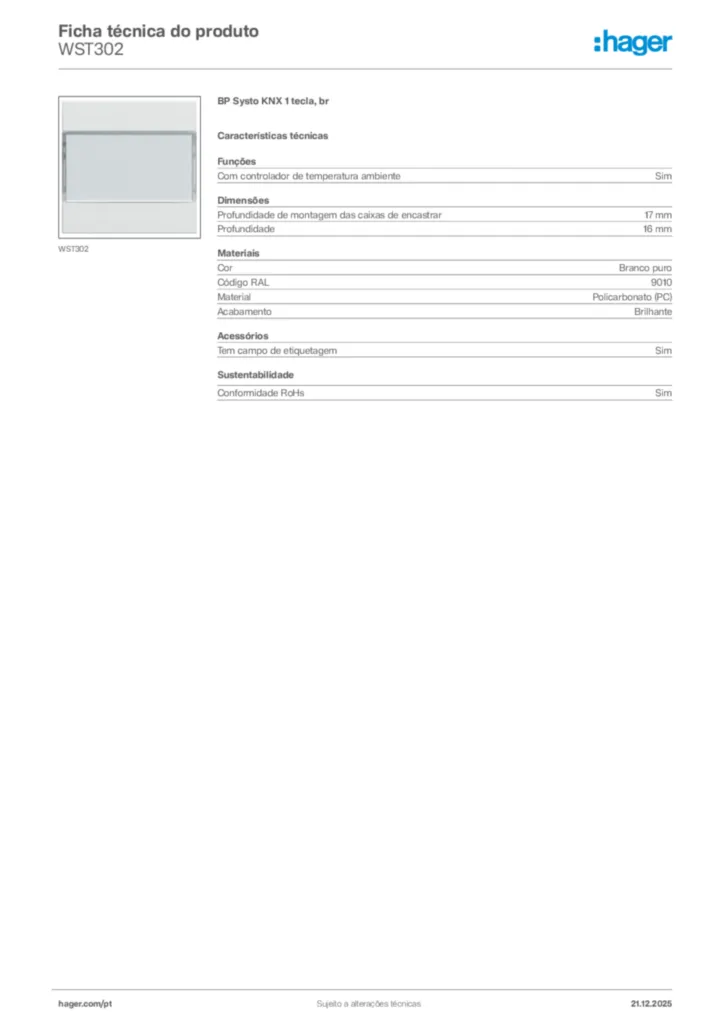 Imagem Hager Ficha técnica do produto WST302 | Hager Portugal
