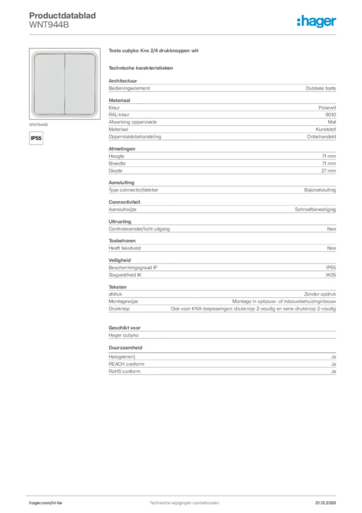 Afbeelding Hager Productdatablad WNT944B | Hager Belgium