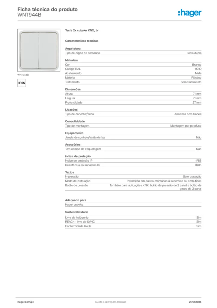 Imagem Hager Ficha técnica do produto WNT944B | Hager Portugal