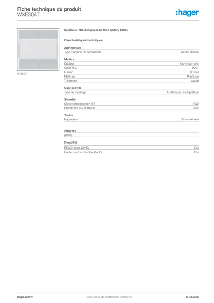 Image Hager Fiche technique du produit WXE304T | Hager France
