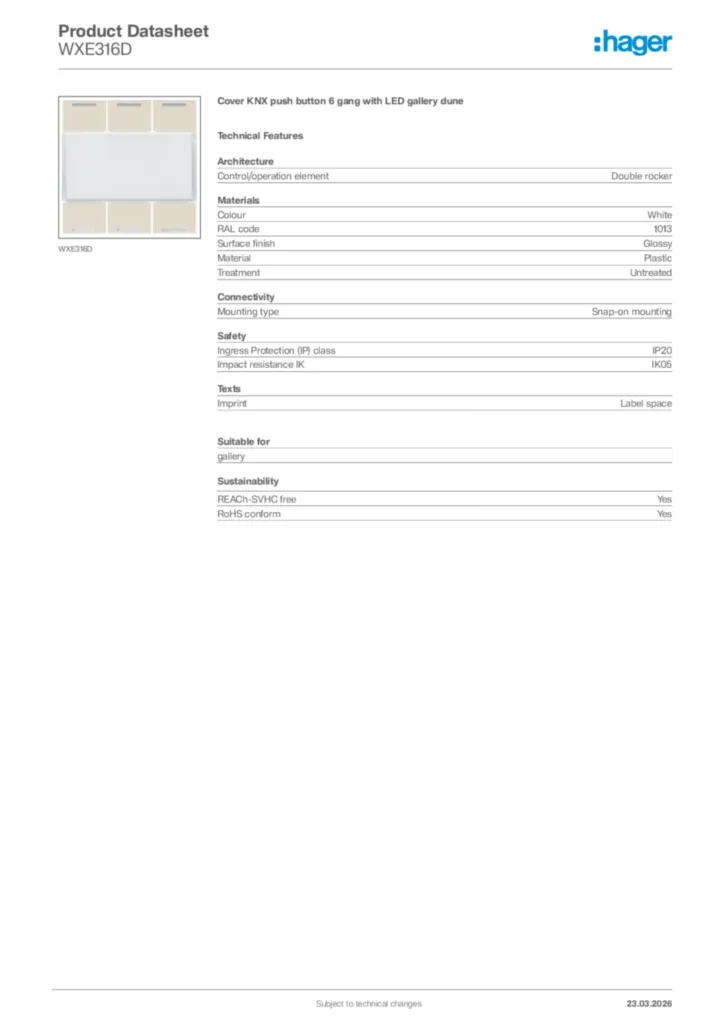 Image Hager Product data sheet WXE316D  | Hager Africa