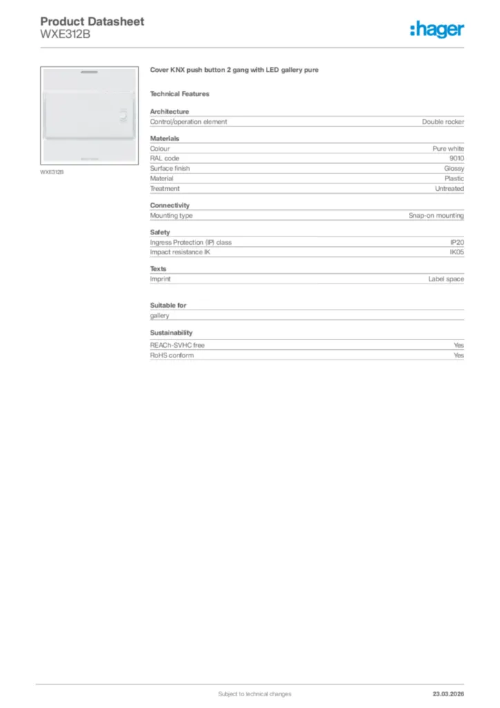 Image Hager Product data sheet WXE312B  | Hager Africa