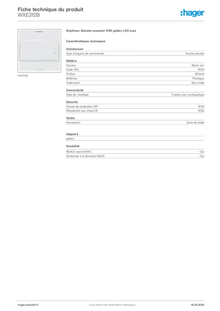 Image Hager Fiche technique du produit WXE312B | Hager Afrique