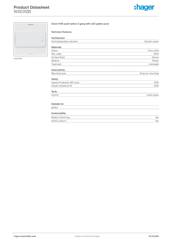 Image Hager Product data sheet WXE312B  | Hager