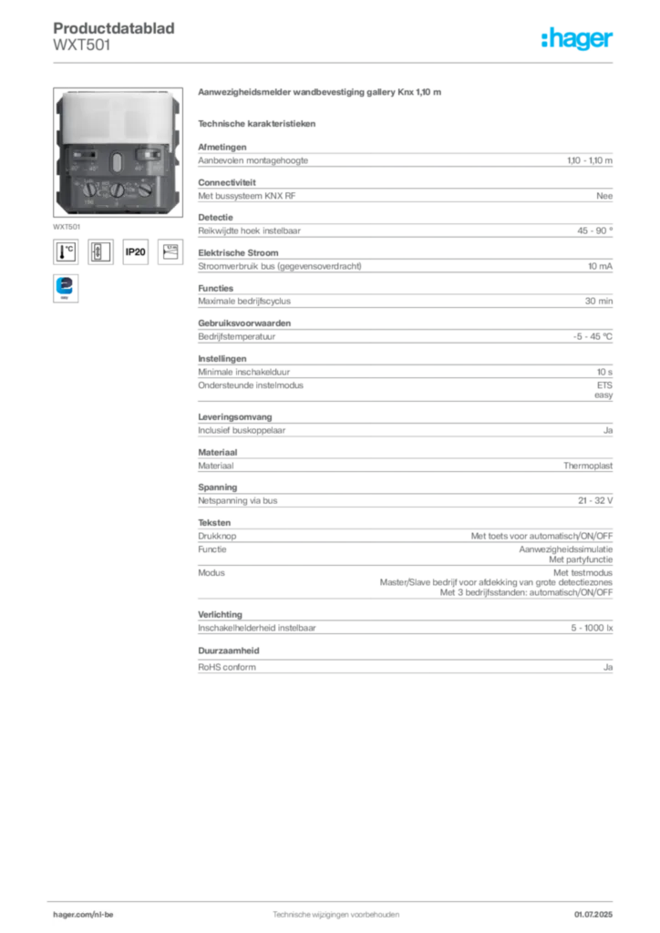 Afbeelding Hager Productdatablad WXT501 | Hager Belgium