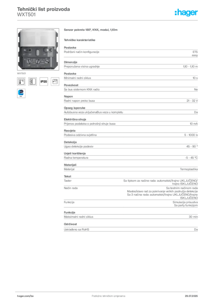 Slika Hager Product data sheet WXT501  | Hager