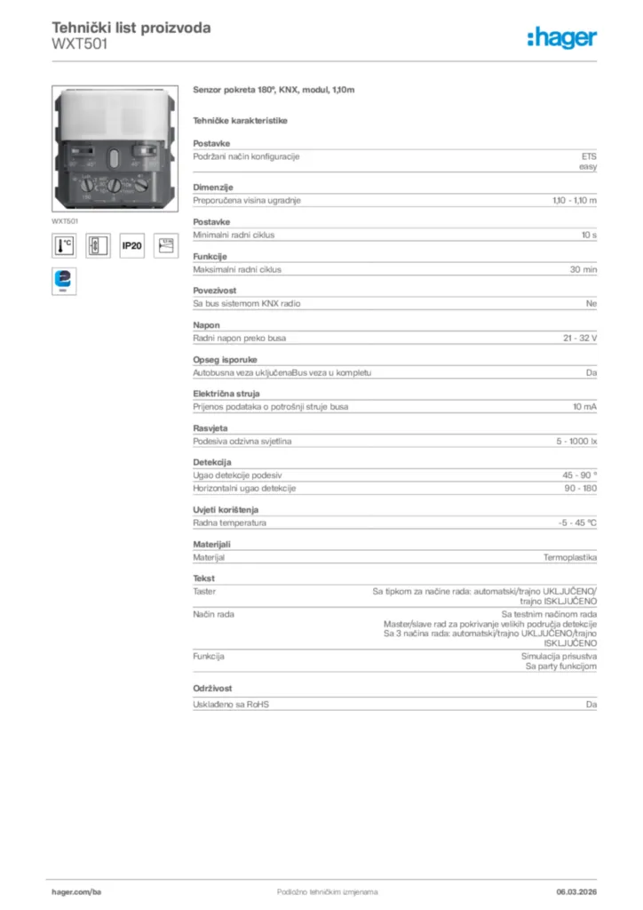 Slika Hager Tehnički list proizvoda WXT501  | Hager