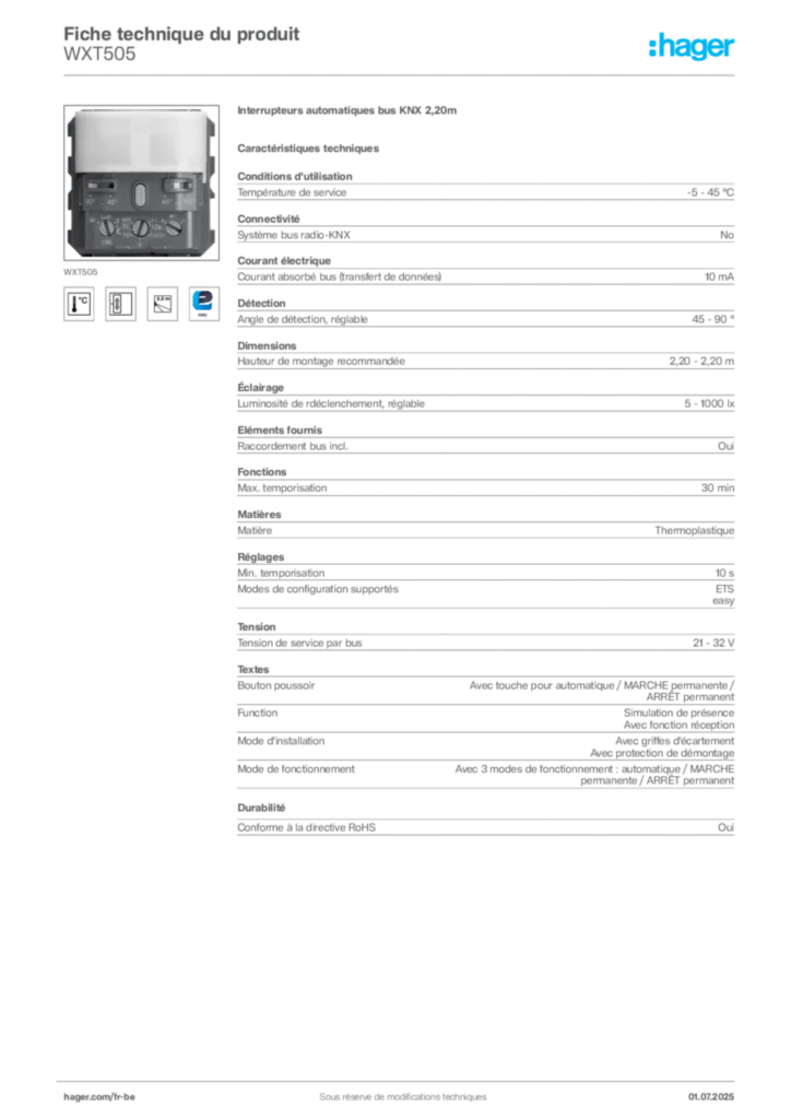 Image Hager Fiche technique du produit WXT505 | Hager Belgique