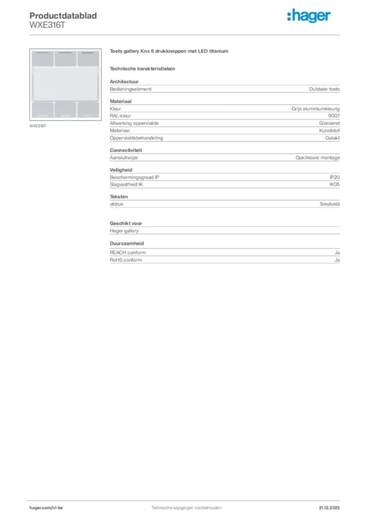Afbeelding Hager Productdatablad WXE316T | Hager Belgium