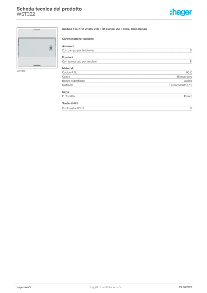Immagine Hager Scheda tecnica del prodotto WST322 | Hager Italia