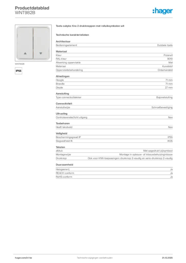 Afbeelding Hager Productdatablad WNT982B | Hager Belgium