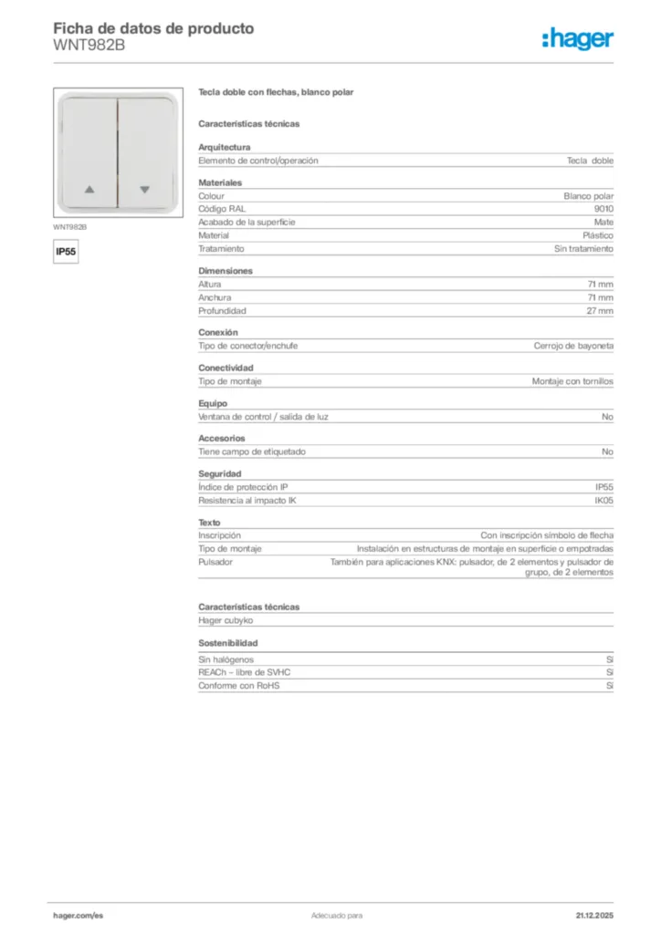 Imagen Hager Ficha de datos de producto WNT982B | Hager España