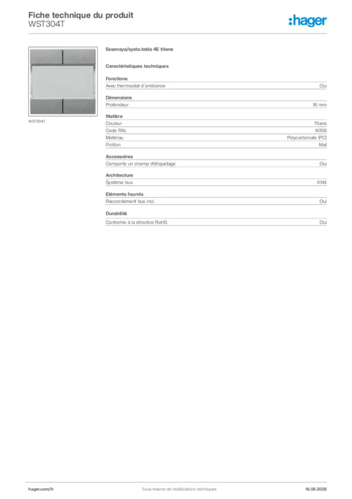 Image Hager Fiche technique du produit WST304T | Hager France