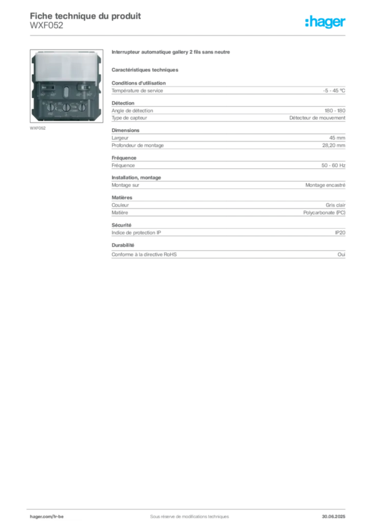 Image Hager Fiche technique du produit WXF052 | Hager Belgique