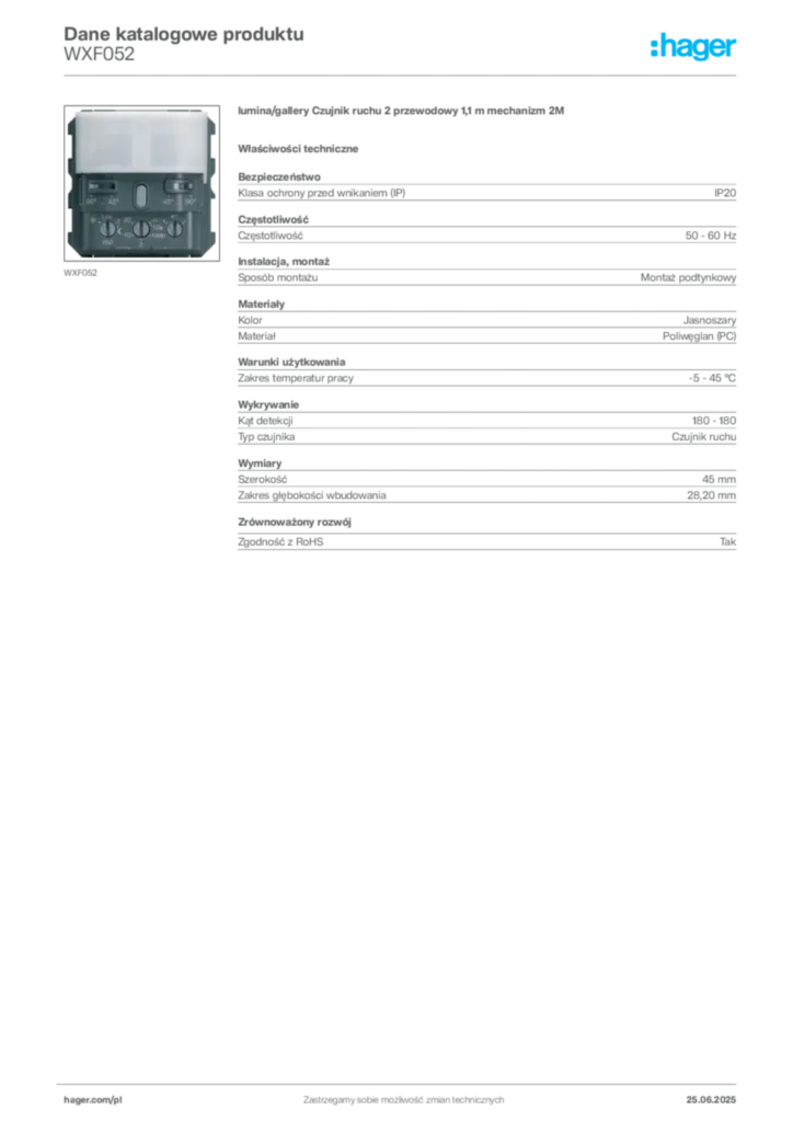 Zdjęcie Hager Dane katalogowe produktu WXF052 | Hager Polska