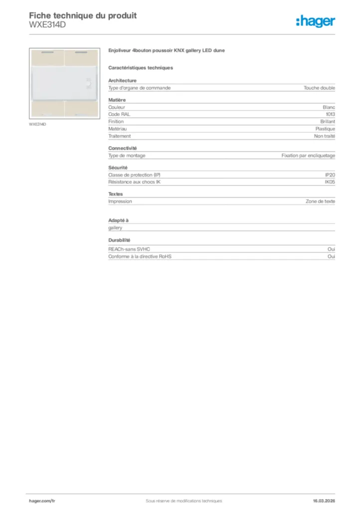 Image Hager Fiche technique du produit WXE314D | Hager France