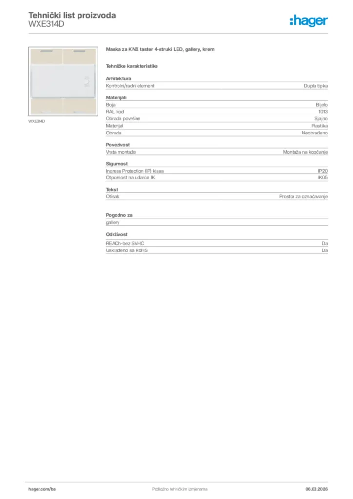 Slika Hager Tehnički list proizvoda WXE314D  | Hager