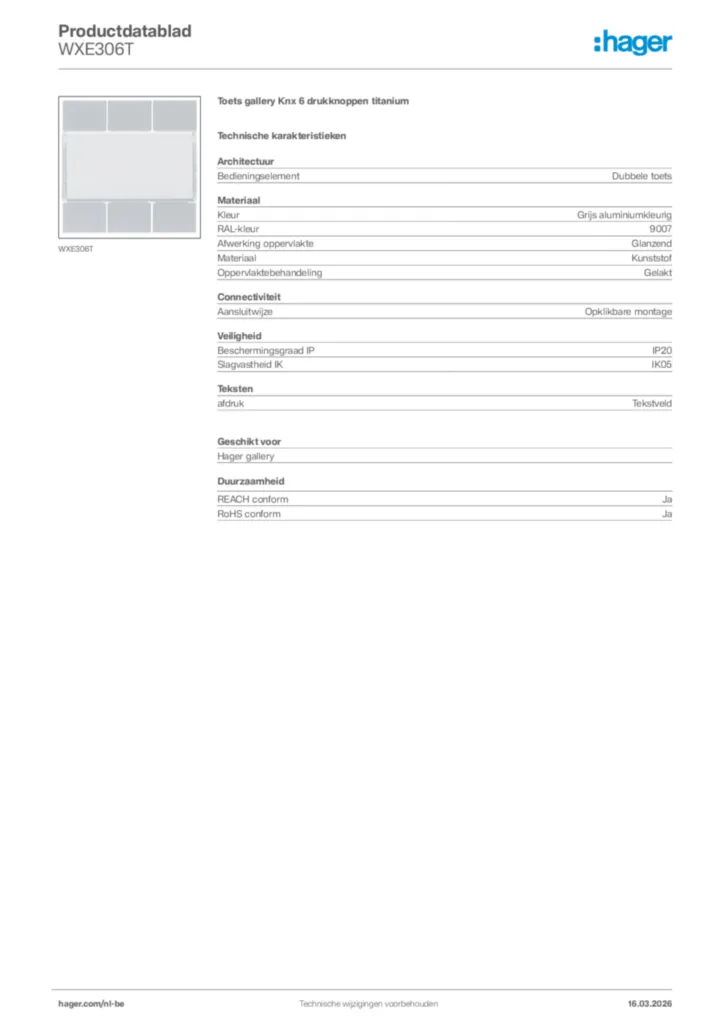Afbeelding Hager Productdatablad WXE306T | Hager Belgium