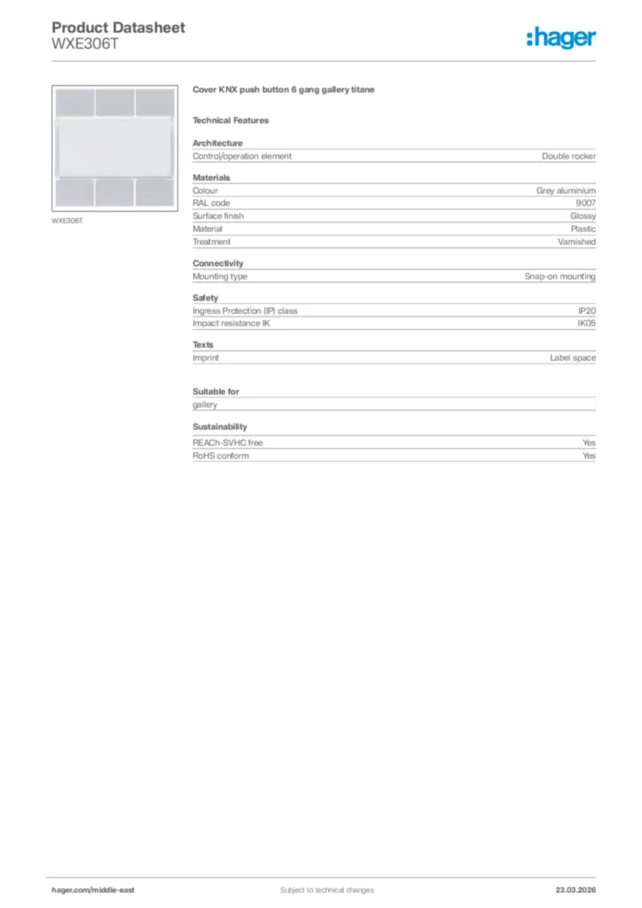 Image Hager Product data sheet WXE306T  | Hager