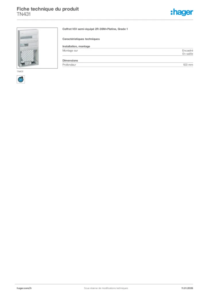 Image Hager Fiche technique du produit TN431 | Hager France