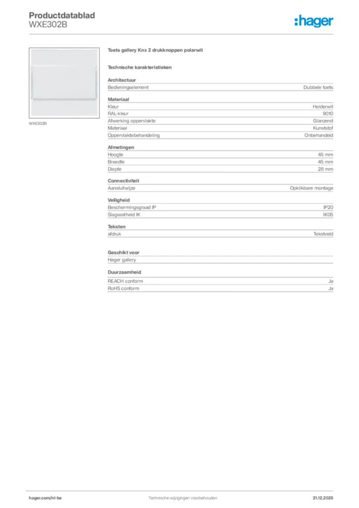 Afbeelding Hager Productdatablad WXE302B | Hager Belgium