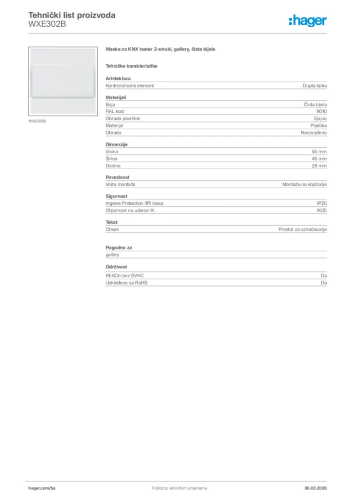 Slika Hager Tehnički list proizvoda WXE302B  | Hager