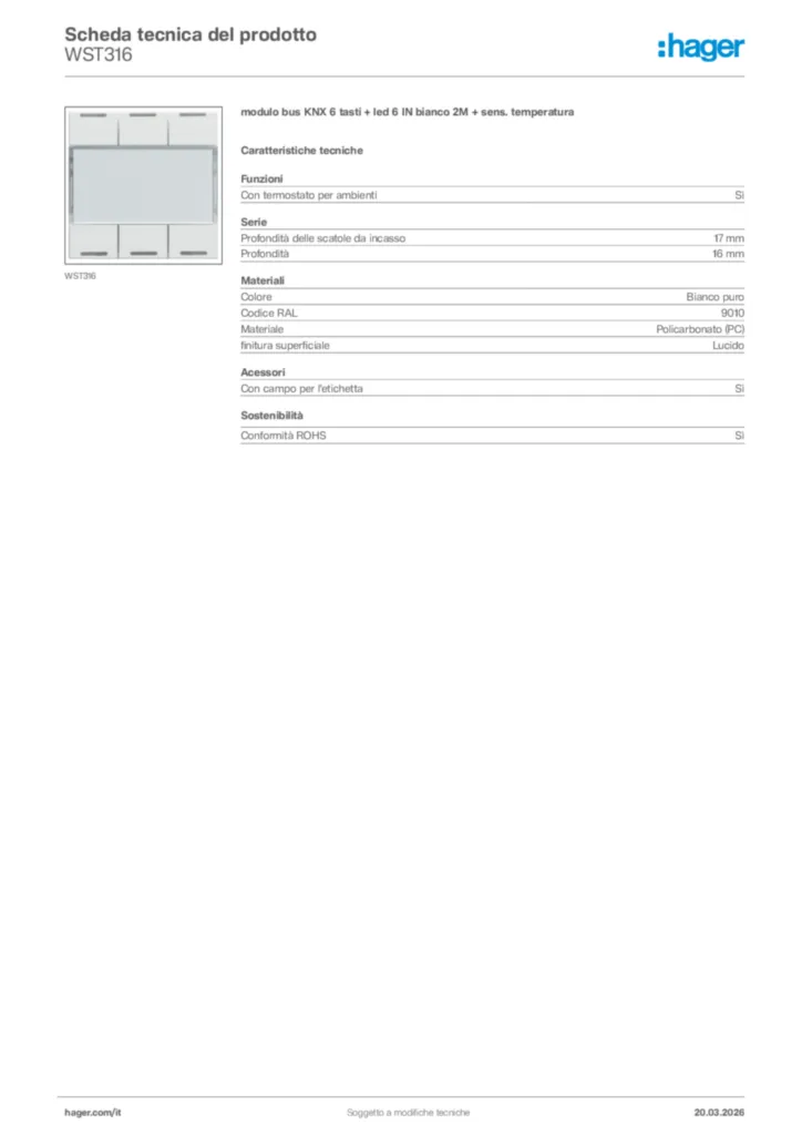 Immagine Hager Scheda tecnica del prodotto WST316 | Hager Italia