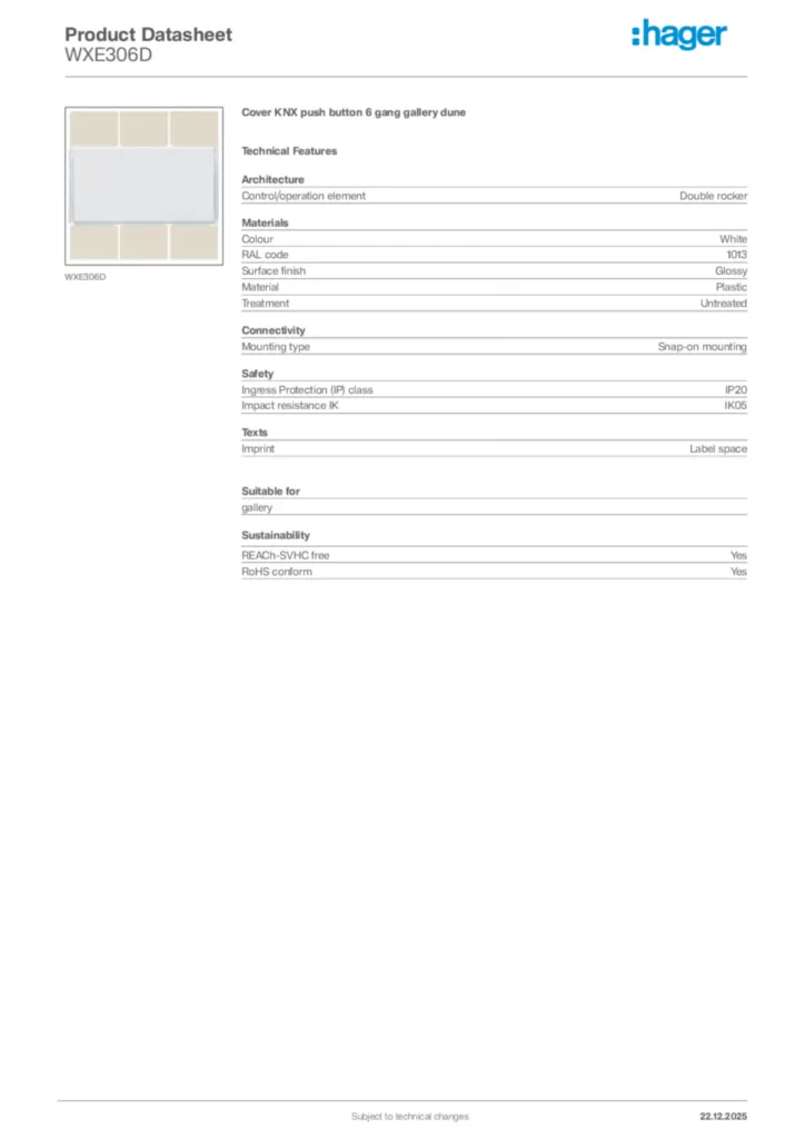 Image Hager Product data sheet WXE306D  | Hager Africa