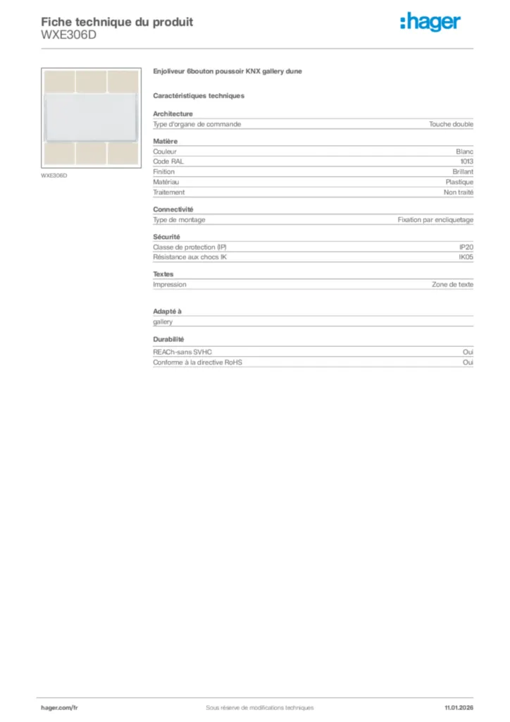 Image Hager Fiche technique du produit WXE306D | Hager France