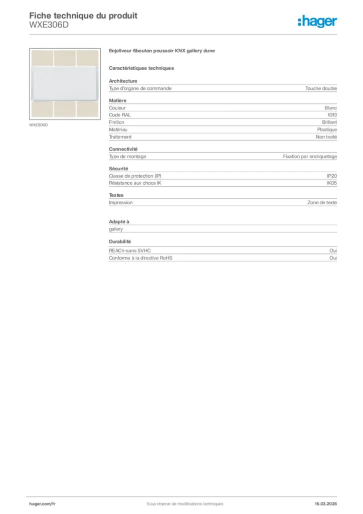 Image Hager Fiche technique du produit WXE306D | Hager France
