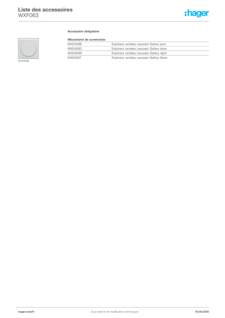 Image Hager Fiche technique du produit WXF063 | Hager France
