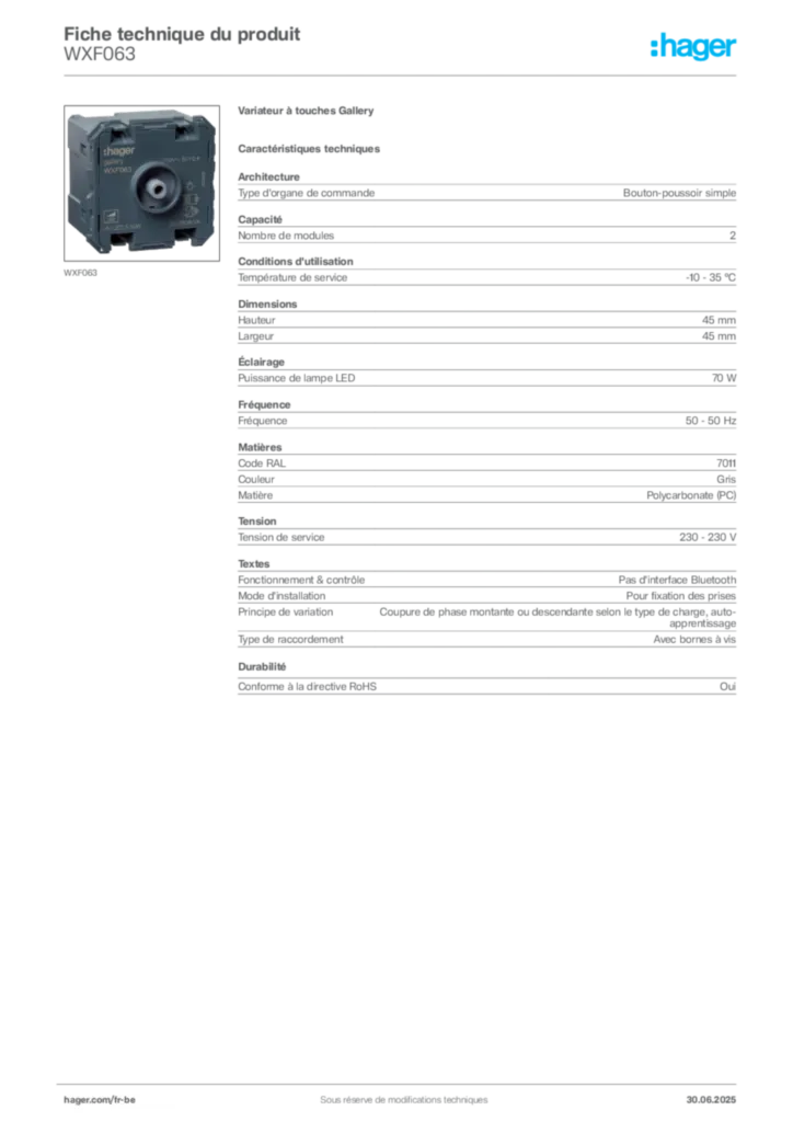 Image Hager Fiche technique du produit WXF063 | Hager Belgique