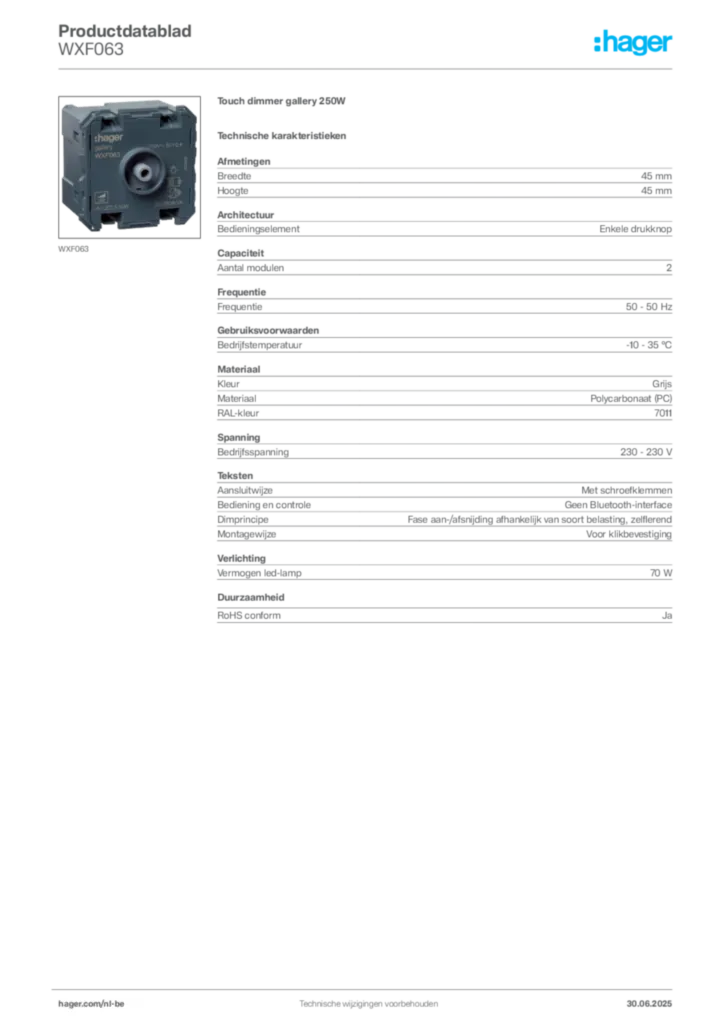 Afbeelding Hager Productdatablad WXF063 | Hager Belgium