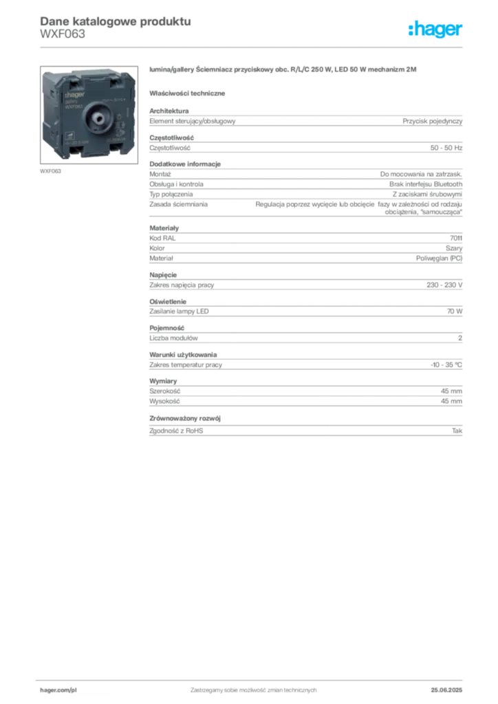 Zdjęcie Hager Dane katalogowe produktu WXF063 | Hager Polska
