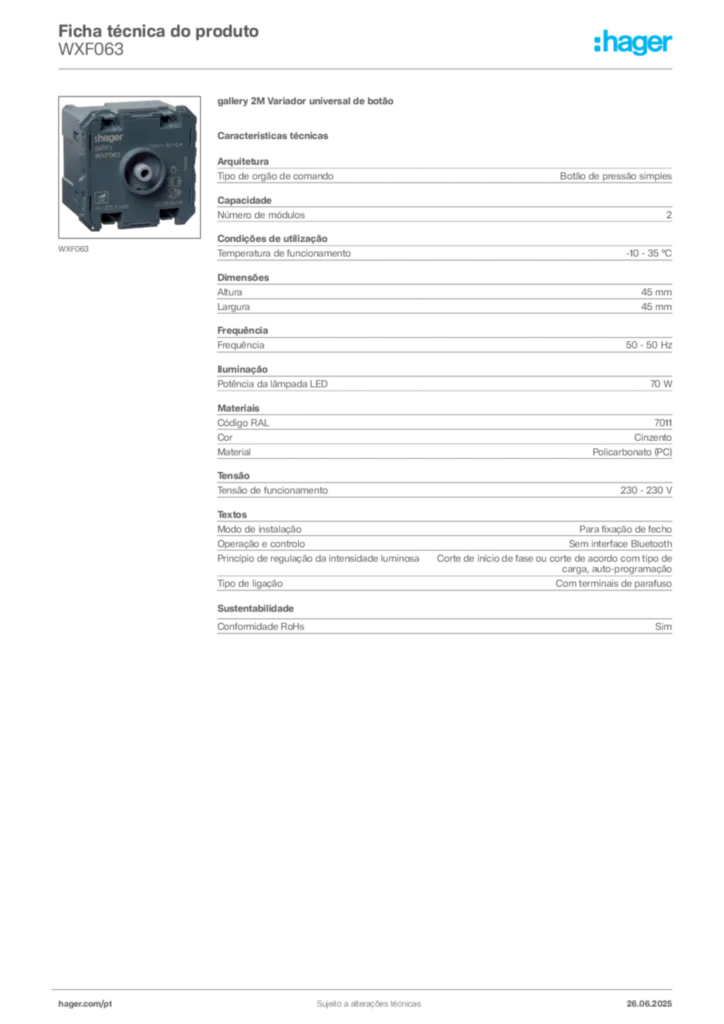 Imagem Hager Ficha técnica do produto WXF063 | Hager Portugal