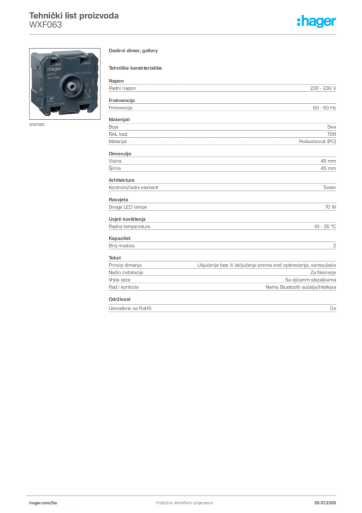 Slika Hager Product data sheet WXF063  | Hager