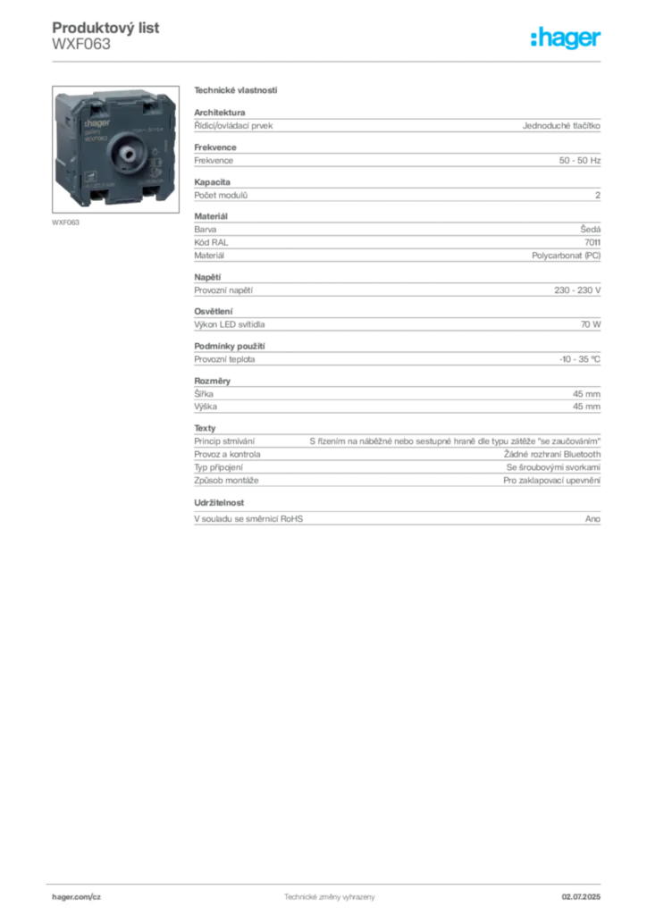 Obrázek Hager Produktový list WXF063 | Hager