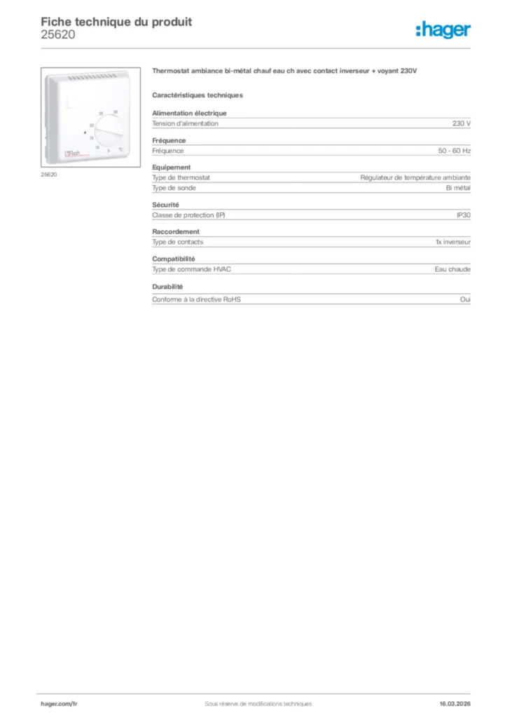 Image Hager Fiche technique du produit 25620 | Hager France