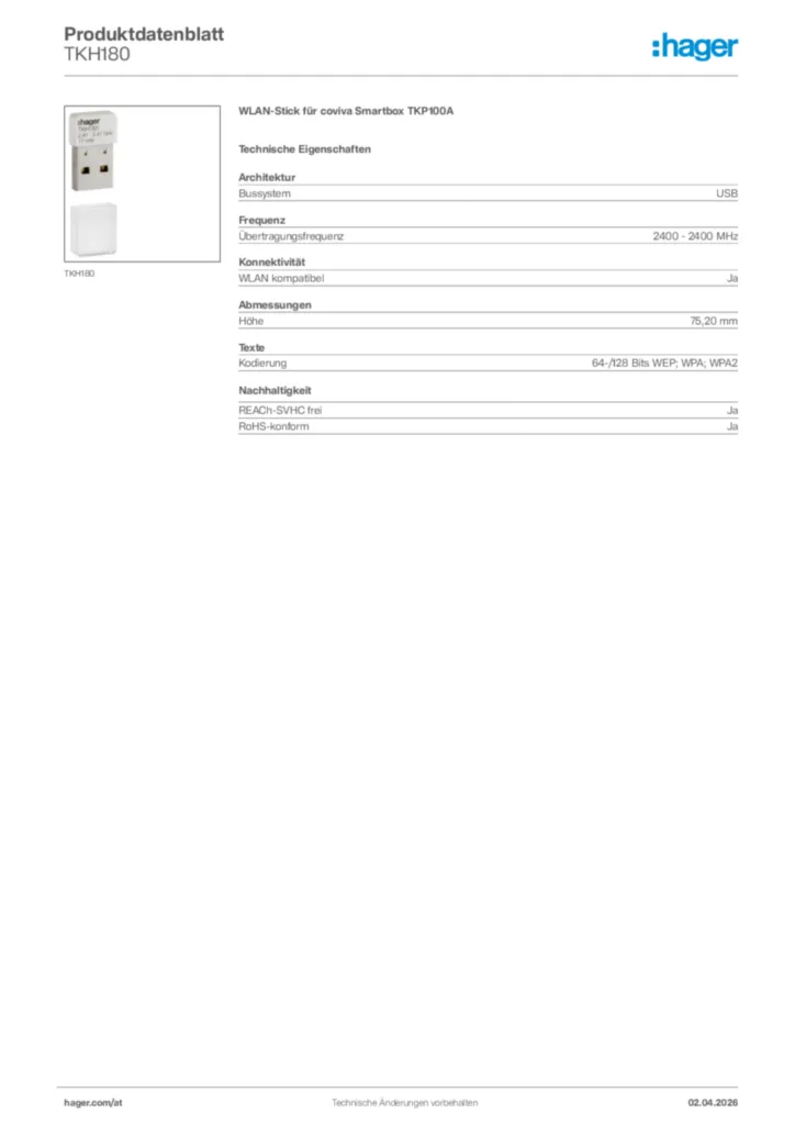 Bild Hager Produktdatenblatt TKH180 | Hager Deutschland
