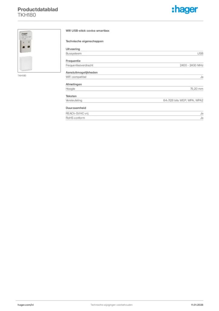 Afbeelding Hager Productdatablad TKH180 | Hager Nederland