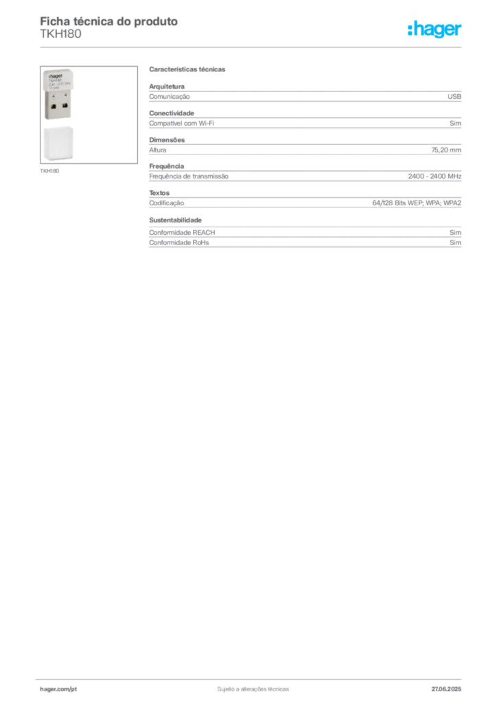 Imagem Hager Ficha técnica do produto TKH180 | Hager Portugal