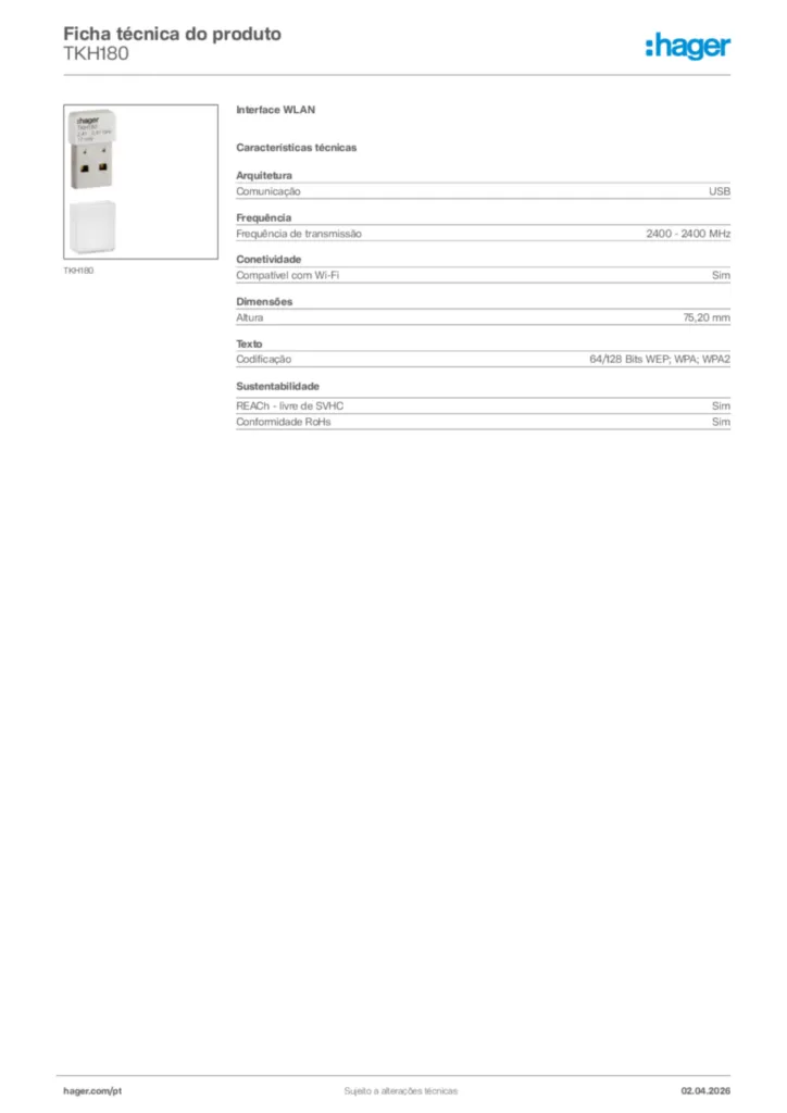 Imagem Hager Ficha técnica do produto TKH180 | Hager Portugal