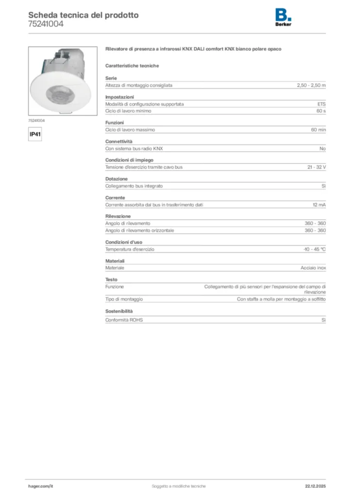 Immagine Berker Scheda tecnica del prodotto 75241004 | Hager Italia