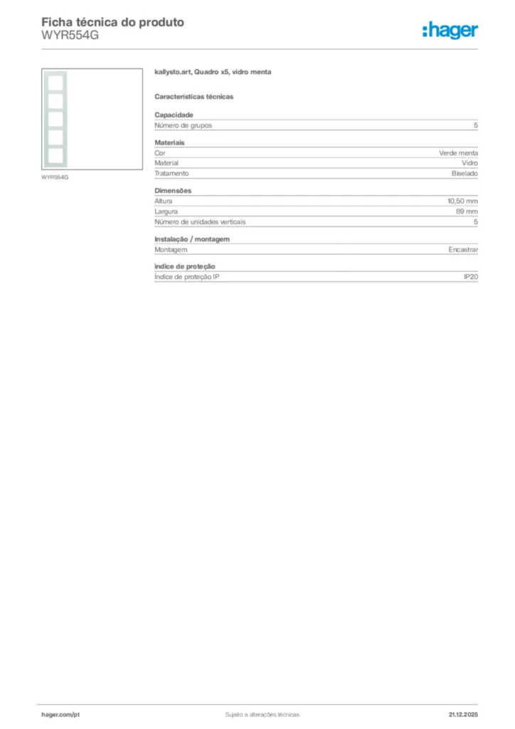 Imagem Hager Ficha técnica do produto WYR554G | Hager Portugal